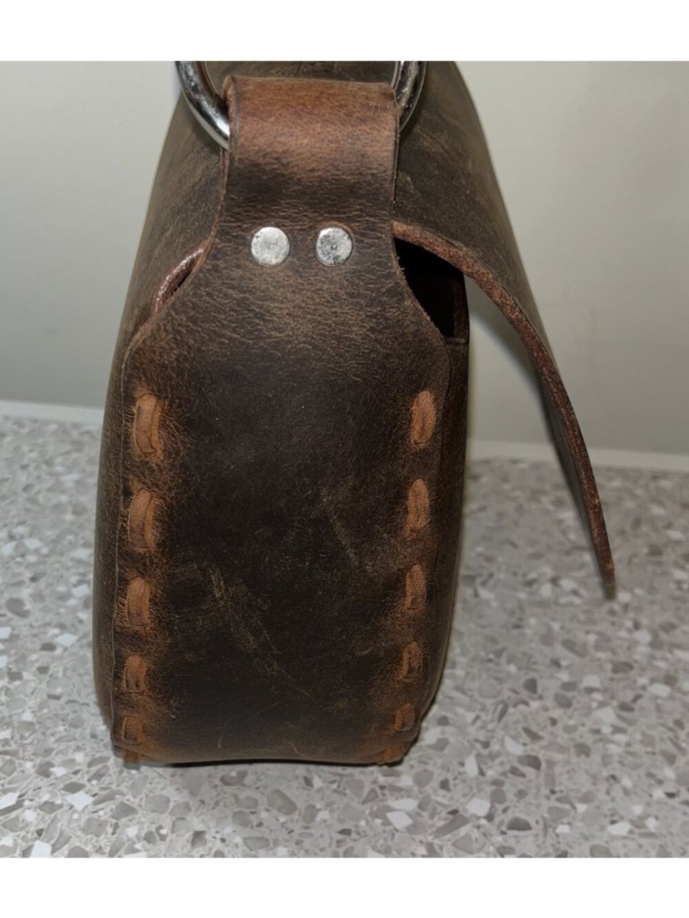 Brown Leather Handbag Purse Structured Whipstitch Swing Lock Steampunk FLAW READ - Picture 5 of 8